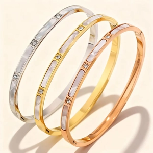 Stainless Steel Bangle Bracelet For Women With Mother Of Artificial Pearl Shell Inlay Zircon Rhinestone Geometric Luxury Hinged Tarnish Free