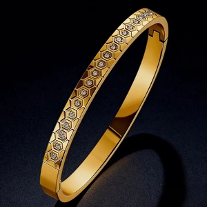 Titanium Steel Honeycomb Rhinestone Bracelet High Sense Non Fading Stainless Steel Bangle Marble Inlay Rings For Women Men Jewelry