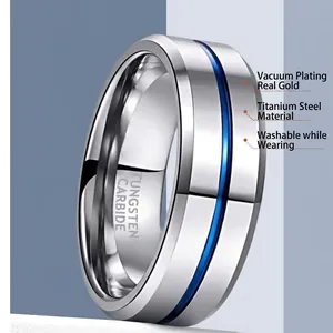 Silver stainless steel ring with blue stripe inlay and tungsten carbide engraving