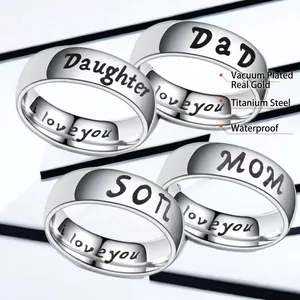 Family stainless steel rings set featuring Dad, Mom, Son and Daughter engraved scripts