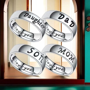 Polished stainless steel rings with family member engravings and inner i love you text