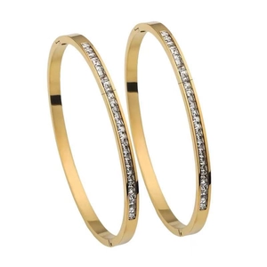 Minimalist gold stainless steel oval bangle with full square cut zircon stone inlay