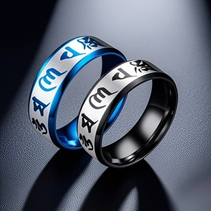 Stainless Steel Six-Character Mantra Ring For Men Women Ethnic Religious Blue Black Two Tone Band Jewelry Finger Ring