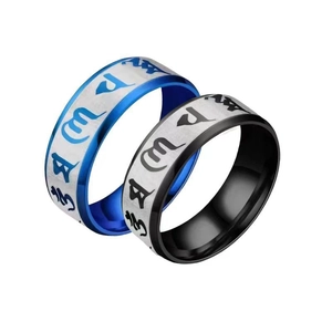 Ethnic stainless steel rings with etched Mantra script in black and blue finishes