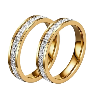 Polished gold stainless steel rings with full eternity square-cut zircon stones