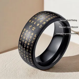 Black 8mm stainless steel ring for men featuring engraved Chinese Heart Sutra script