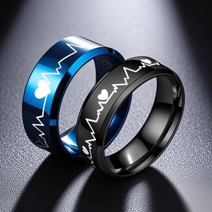 Stainless Steel EKG Heartbeat Ring For Men Women Ins Style Heart Pattern Band Ring Electroplated Fashion Jewelry