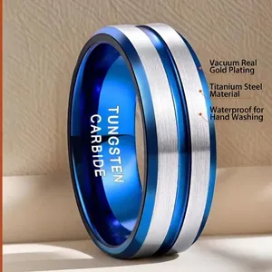 Brushed silver tungsten ring with blue interior and vacuum plating for men