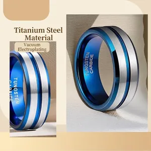 Men's blue vacuum plated tungsten carbide ring with a brushed finish and deep blue center groove