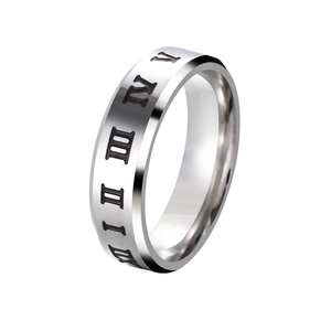 Polished stainless steel 6mm ring with Roman numeral engravings shown from a 45-degree angle