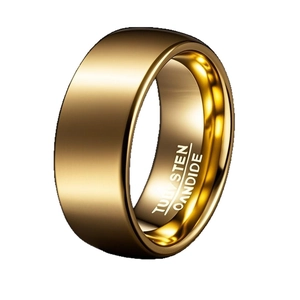 Men's wide gold tungsten carbide ring with a matte brushed finish and polished edges