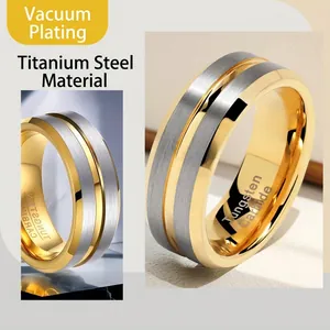 Two-tone silver and gold stainless steel ring with brushed finish and polished edges