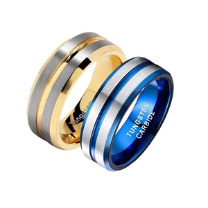 Brushed tungsten carbide rings for men with polished inner band in gold and blue