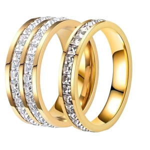 Three-piece set of golden stainless steel rings featuring classic square zircon channel setting