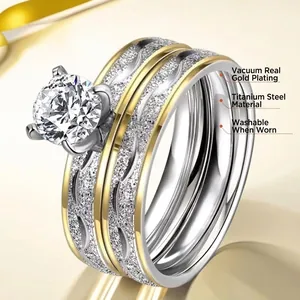 Three-piece stackable titanium steel rings with cubic zirconia and matte gold finish