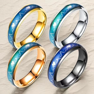 Detail der farbwechselnden Edelstahlringe mit Herzschlagmuster in Gold, Silber und Schwarz