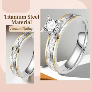 Two-tone titanium steel six-prong zircon ring with sandblast finish for couples