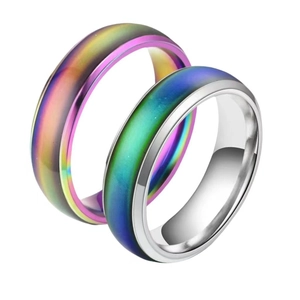 Polished 6mm stainless steel thermochromic rings with vibrant rainbow color gradients