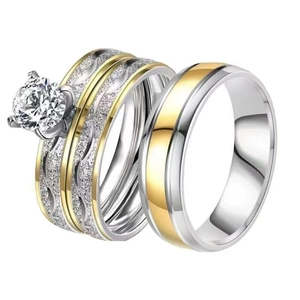 Three-piece stainless steel ring set featuring a large round zircon and matte finish