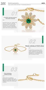 Détail d'un bracelet marguerite en argent S925 avec émeraude et placage en or