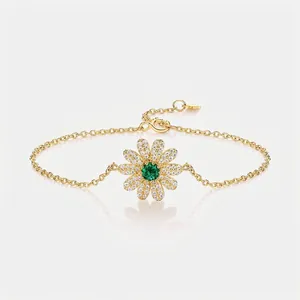 Bracelet Marguerite en Argent Sterling 925 pour Femme Plaqué Or Émeraude de Laboratoire Strass Bijoux de Mode Élégants Cadeau