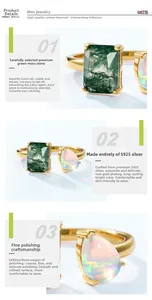Macro view of gold S925 silver ring featuring square moss agate and pear opal stone