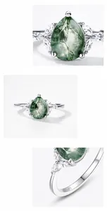 Detailed macro view of S925 silver ring featuring a teardrop-shaped green moss agate stone