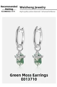 Macro detail of S925 sterling silver hoop earrings with green moss agate hexagonal pendant