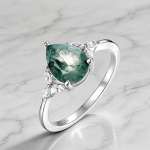 Vintage 925 Sterling Silver Pear Cut Moss Agate Ring For Women Green Gemstone Teardrop Inlaid Rhinestone Fine Jewelry Gift