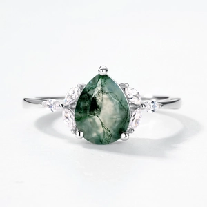 Teardrop moss agate ring with marquise side stones in 925 silver setting