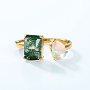Adjustable S925 gold-plated ring with natural moss agate and iridescent opal stone