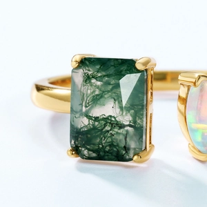 Gold plated S925 silver ring with rectangle moss agate and oval opal in claw setting