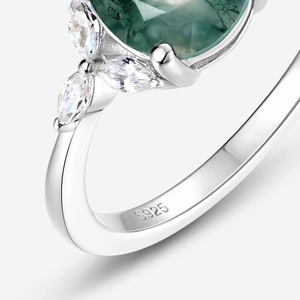 S925 silver moss agate ring featuring green water drop stone and marquise zircon accents