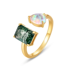 Unique gold plated S925 silver open ring with rectangle moss agate and teardrop opal stones