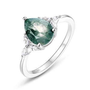 Pear-cut moss agate ring in S925 sterling silver with marquise zircon side stones