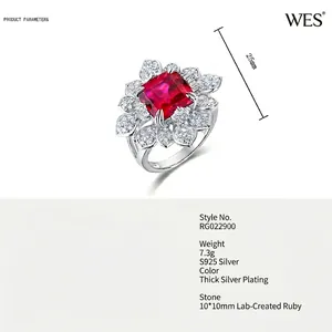 Detail showing high-carbon diamond leaf setting around a princess cut ruby on S925 silver ring