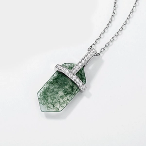 Unique geometric natural moss agate pendant necklace with silver S925 cross setting
