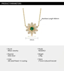 Detail of daisy necklace showing 3x3mm emerald center and 14mm silver flower size