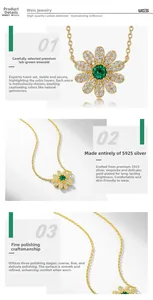 Detailed view of S925 silver daisy necklace with lab-grown emerald and manual inlay