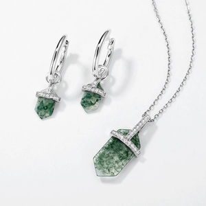 S925 silver jewelry set with moss agate hexagonal crystal pendant and hoop earrings