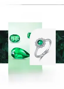Detail of emerald gemstone ring with halo zircons and adjustable S925 silver band