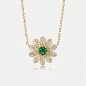 925 Sterling Silver Daisy Necklace For Women 18K Gold Plated Lab Grown Emerald Rhinestone Chrysanthemum Flower Pendant Necklace Jewelry Gift