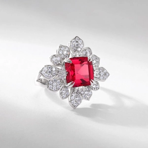 Luxury S925 silver ring featuring a large rectangular red gemstone with floral halo setting
