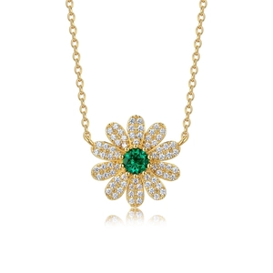 Luxury S925 sterling silver gold plated daisy necklace with emerald and white zircon