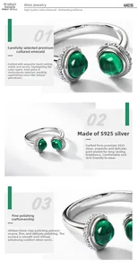 Detail view of dual lab-grown emerald stones on an S925 silver ring with accent stones