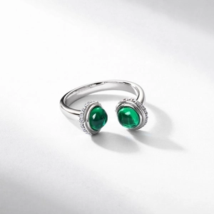 Luxurious S925 silver open ring featuring dual emerald-green stones and zircon accents