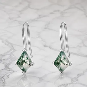 Natural Moss Agate Rhombus Earrings 925 Sterling Silver Hook Earrings Green Water Grass Stone Jewelry For Women Elegant