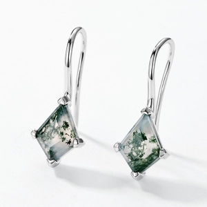 S925 silver hook earrings with kite-cut moss agate gemstones in a four-prong setting