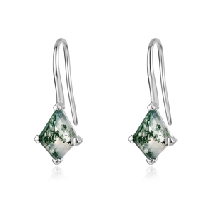 S925 silver hook earrings with rhombus natural moss agate stones on white background