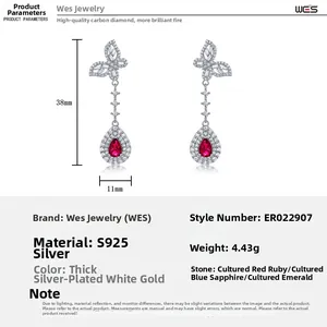 Boucles d'oreilles nœud en argent S925 avec rubis de synthèse, 38 mm sur 11 mm